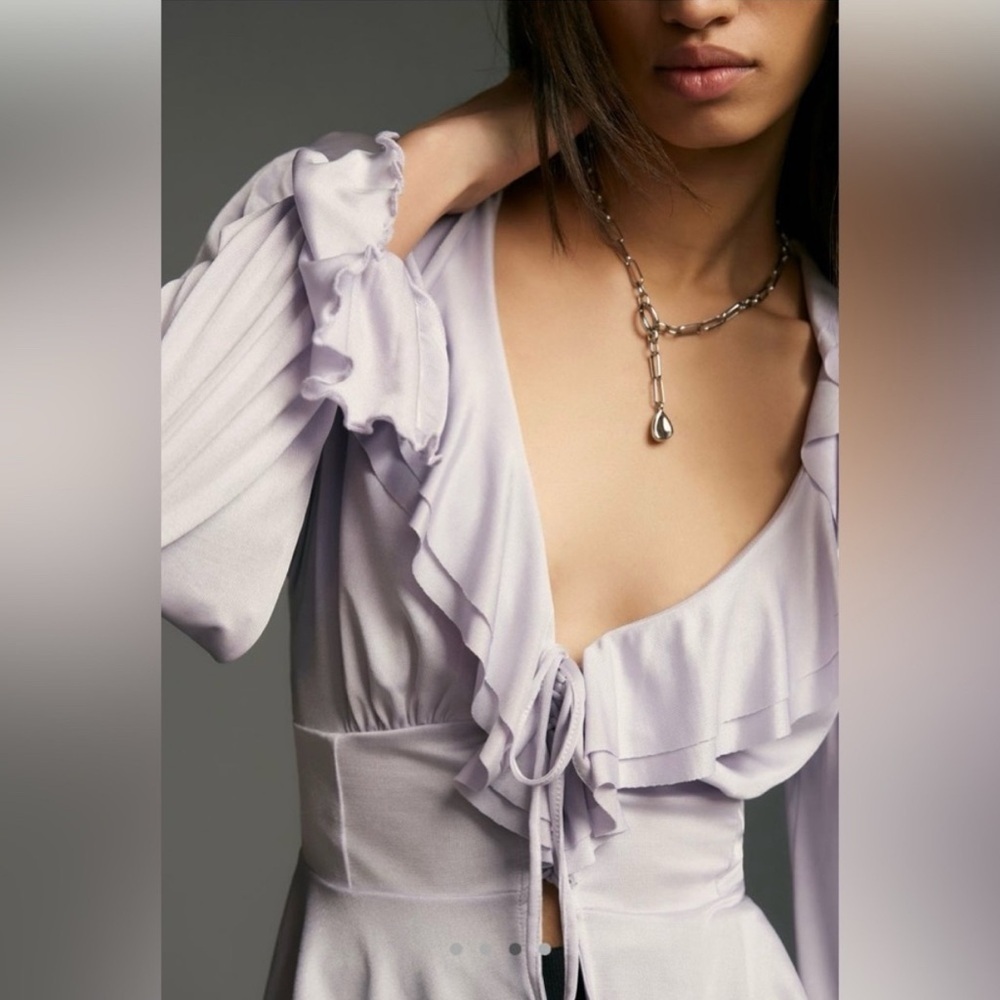 Anthropologie Lavender Ruffle Tie-Front Blouse